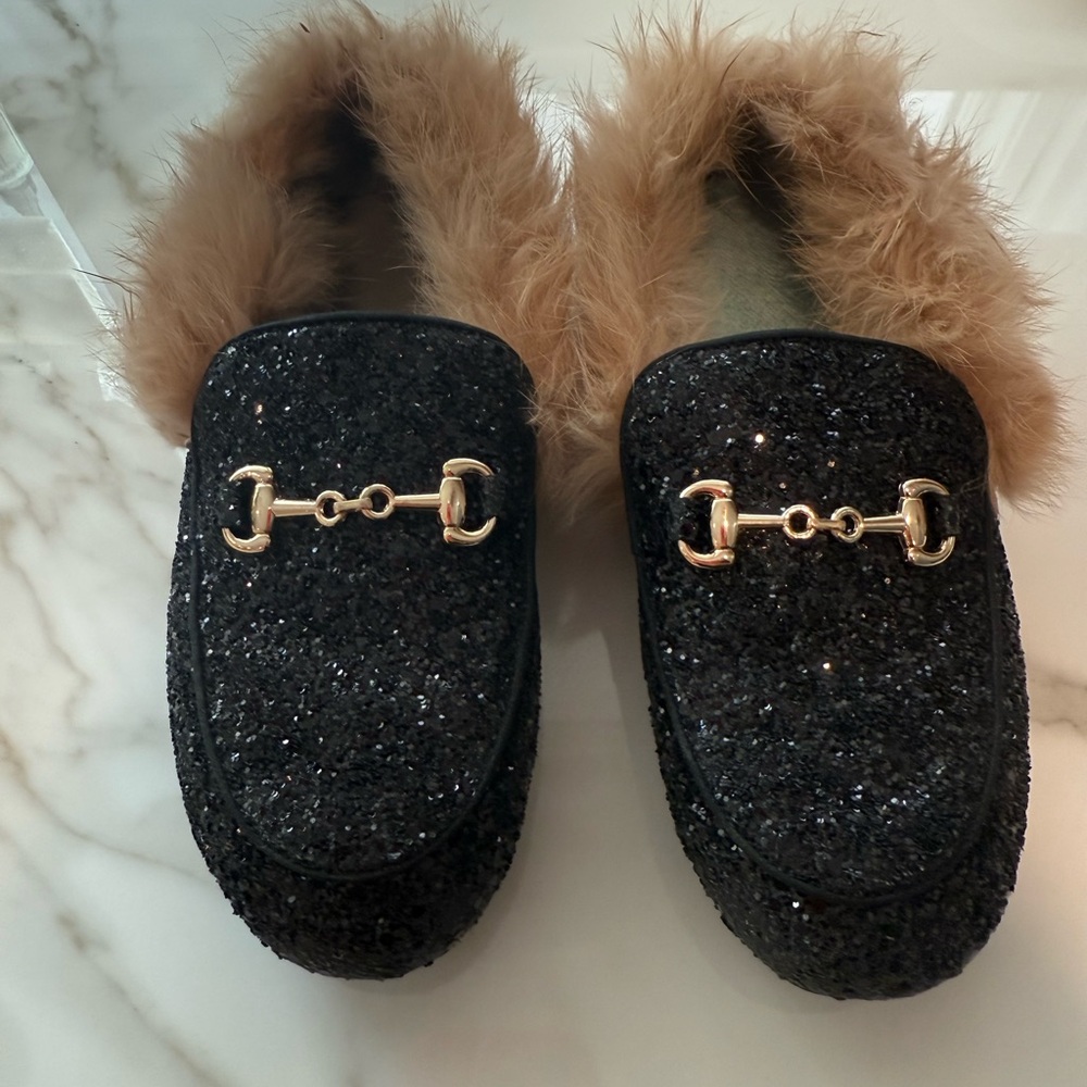 Black Glitter Kids Moccasins with Faux Fur Lining
